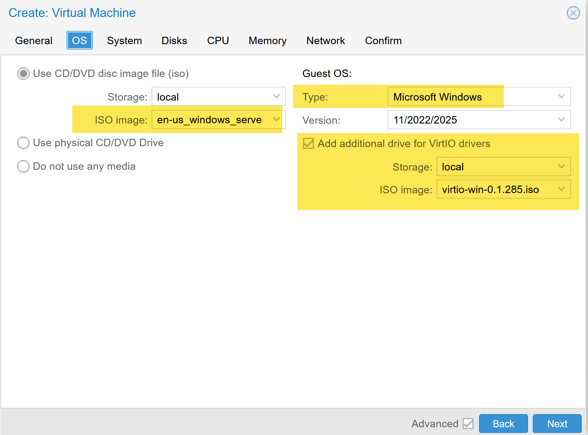 Proxmox VM OS tab with Windows Server ISO and VirtIO ISO selected