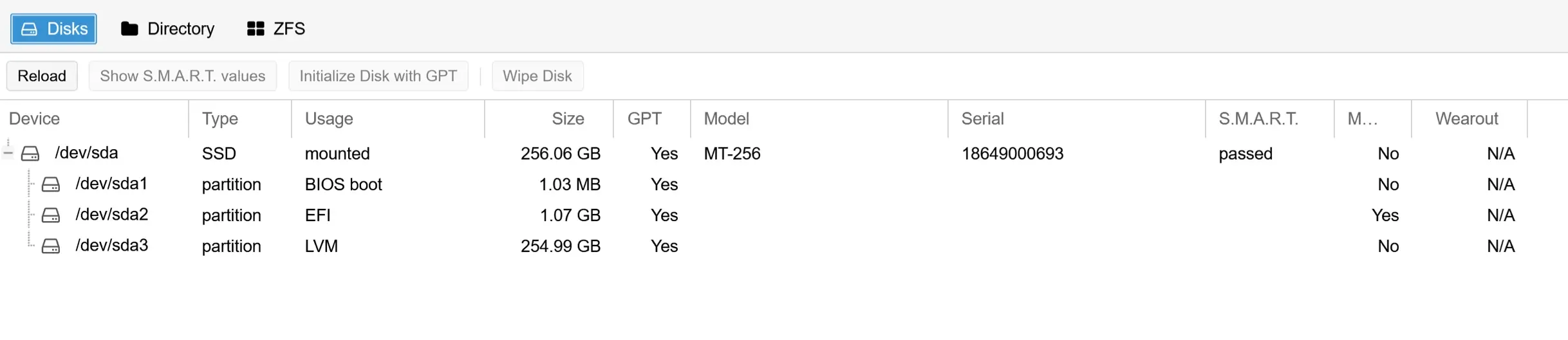 Proxmox Backup Server disk configuration showing a single 256GB SSD with LVM partitions