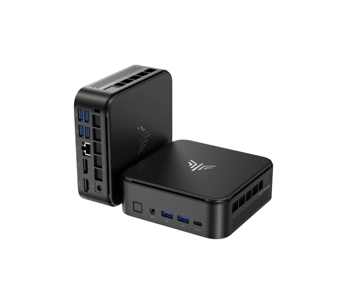 Kamrui E3B mini PC with Ryzen 7 processor shown from front and rear, featuring USB-C, DisplayPort, and dual HDMI ports for multi-monitor setup