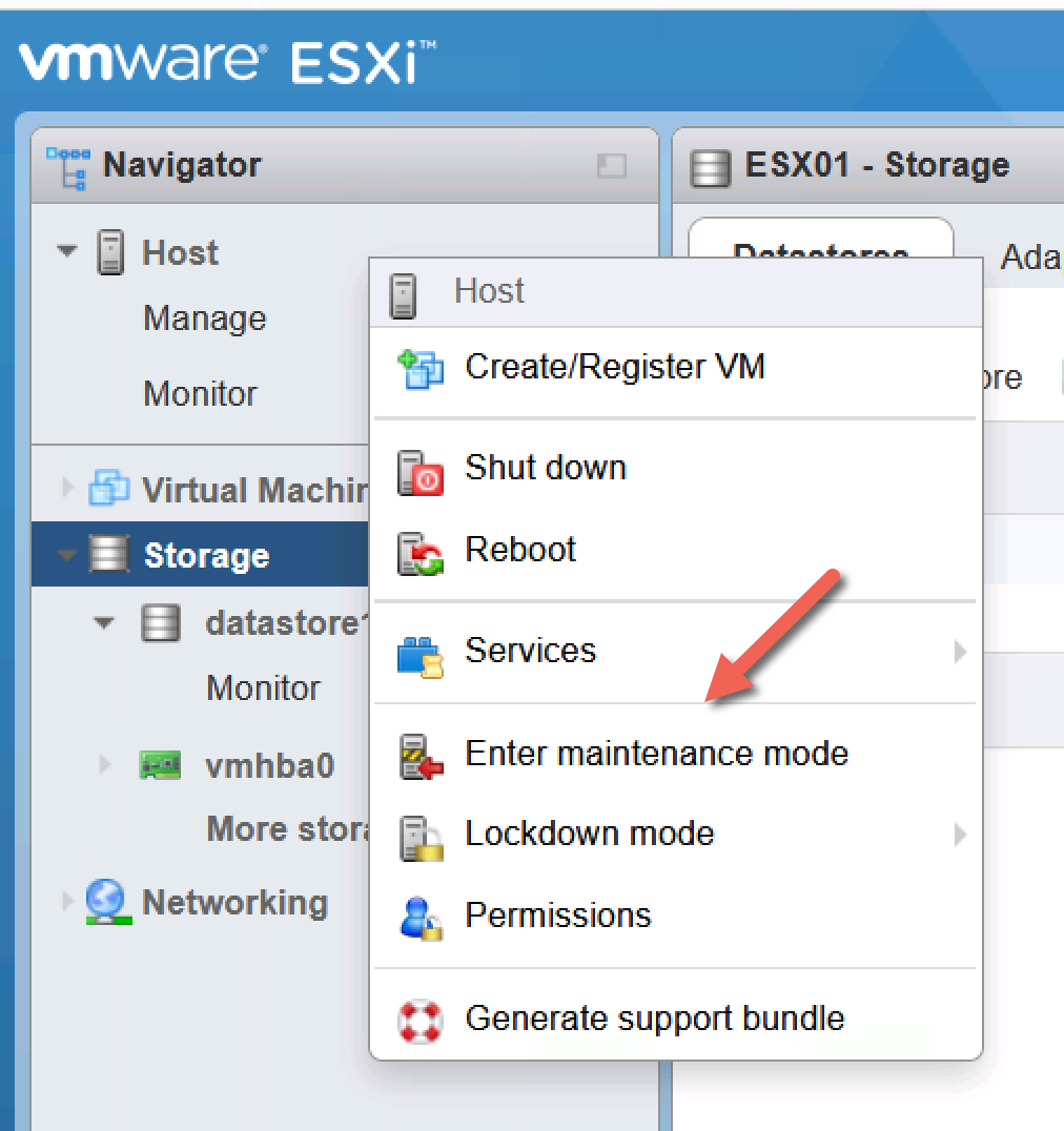 ESXi host maintenance mode web UI