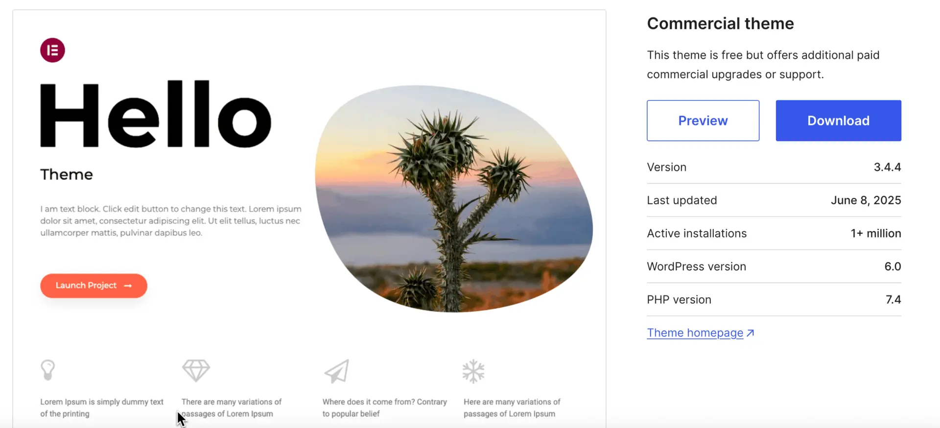 Best Elementor Theme in 2025: Choose the Right One for Your Website Goals 2 Hello Elementor theme preview from the WordPress repository showing its minimal layout and clean design for full Elementor control.