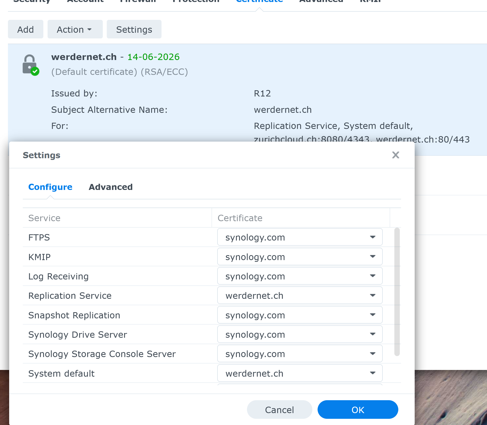 Synology DSM certificate settings dialog assigning SSL certificates to services and applications