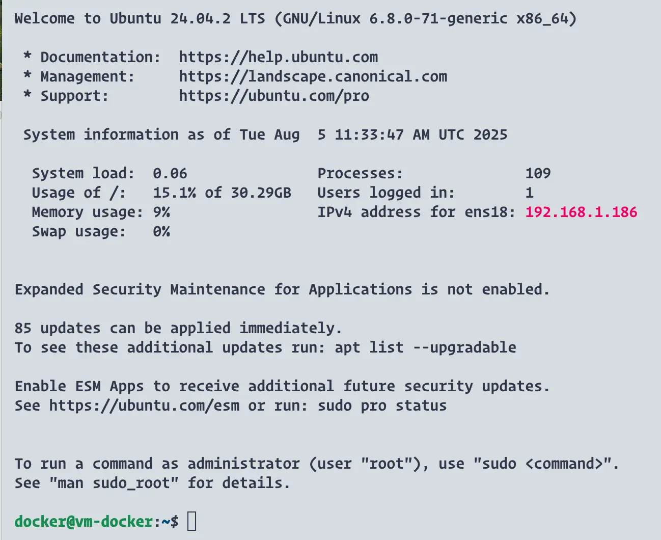 Proxmox Docker – Should You Use a VM or LXC Container? 3 Ubuntu 24.04 installed in a Proxmox VM and logged in with SSH