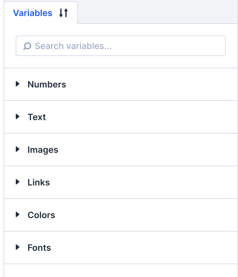 Divi 5 Variable Manager panel showing six variable types: Numbers, Text, Images, Links, Colors, and Fonts