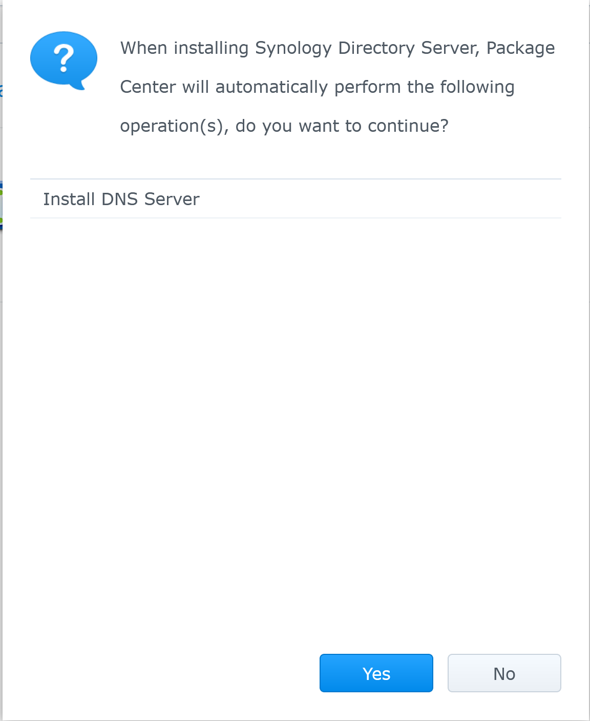 Package Center confirming automatic DNS Server installation