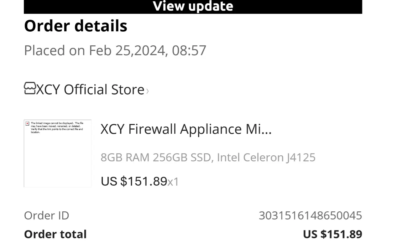 AliExpress order for an XCY Firewall Appliance mini-PC with Intel Celeron J4125, 8GB RAM, and 256GB SSD for $151.89