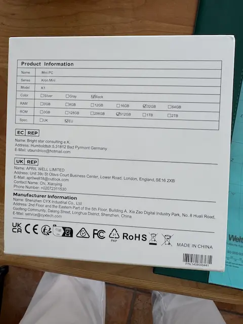 Acemagic K1 Mini PC Review – Is This Low-Power Ryzen Box Worth It? 5 Label on back of Acemagic K1 box showing available RAM, storage, color, and region variants