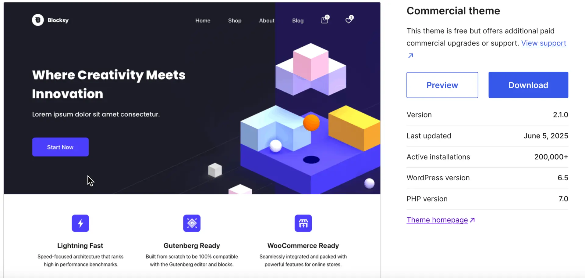 Best Elementor Theme in 2025: Choose the Right One for Your Website Goals 8 Blocksy theme preview from the WordPress repository showing a modern dark-mode homepage layout with WooCommerce and Gutenberg-ready features.
