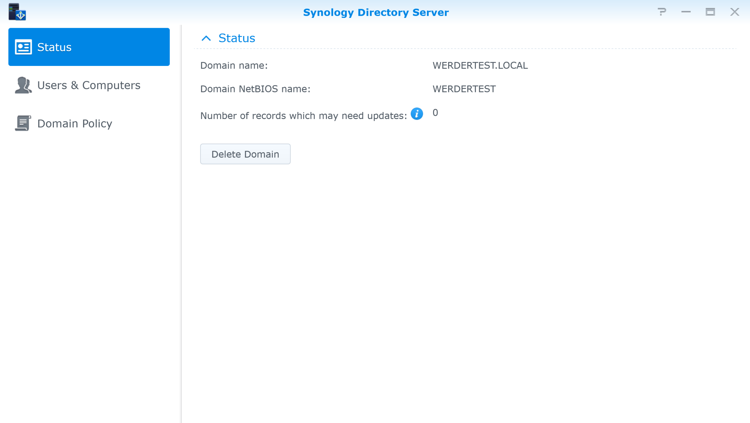 Synology Directory Server status screen showing domain name and NetBIOS name