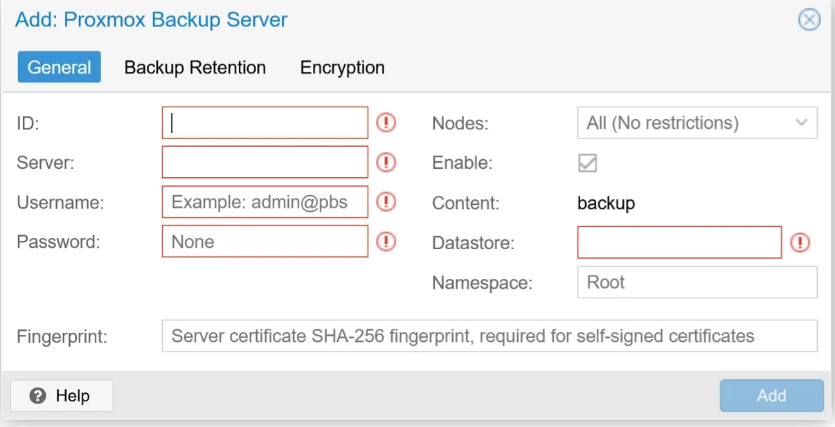 Proxmox VE dialog for adding a Proxmox Backup Server connection with fields for server address, credentials, datastore, and fingerprint