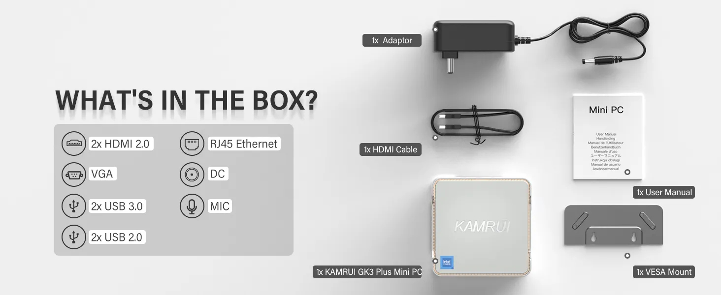 Kamrui GK3 Plus Mini PC unboxing – includes power adapter, HDMI cable, user manual, VESA mount, and compact mini PC with USB and HDMI ports