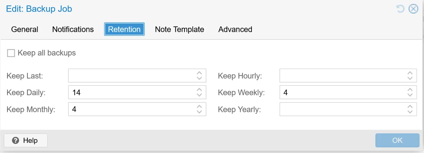 Proxmox VE backup job retention settings with 14 daily, 4 weekly, and 4 monthly backups