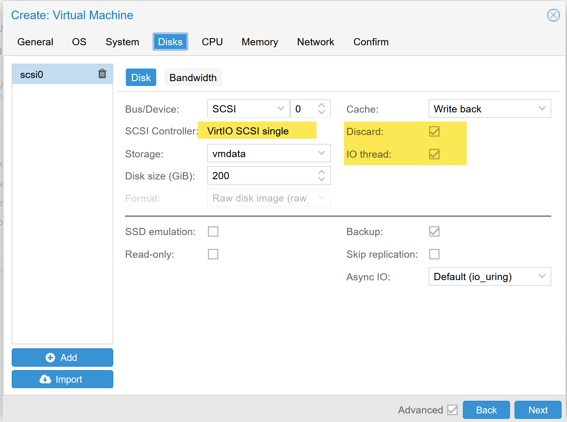 Proxmox disk settings for Windows Server VM using SCSI and VirtIO SCSI single