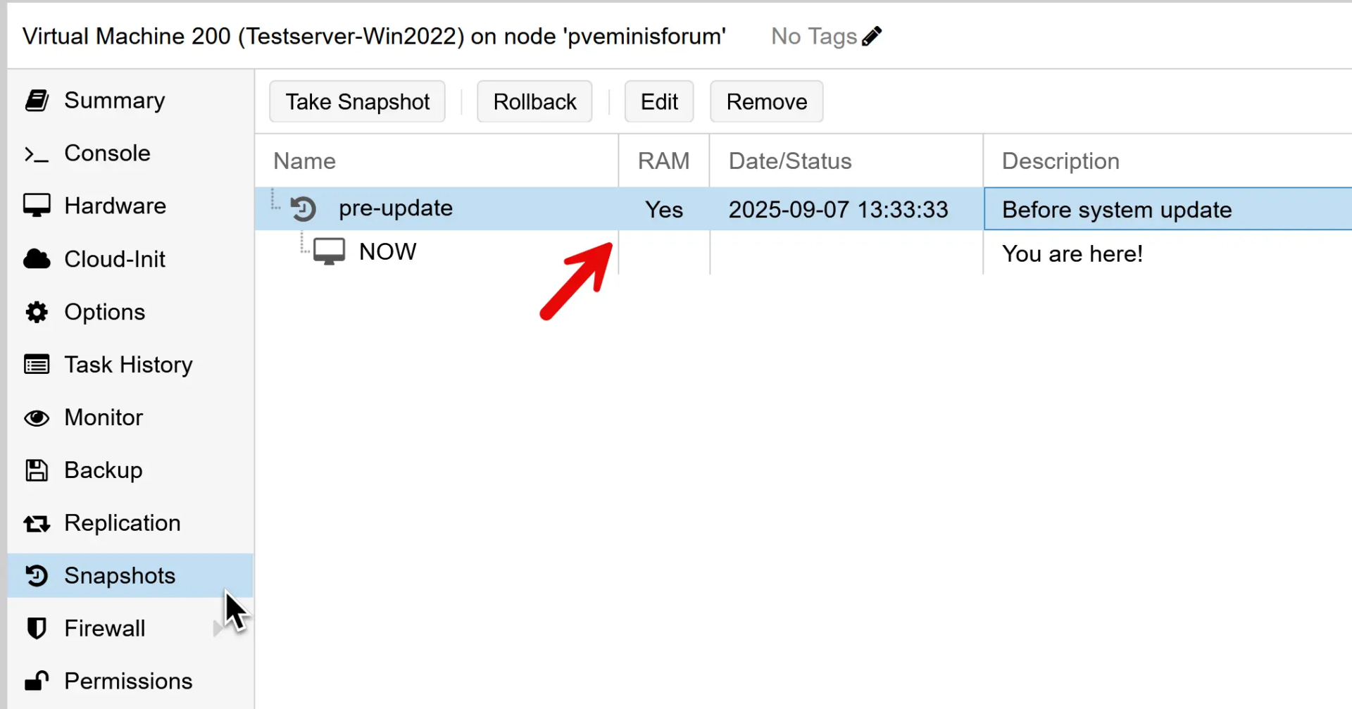 Proxmox Snapshots: Complete Guide for Virtual Machines and Containers 5 Proxmox Snapshot taken with RAM - View in the GUI