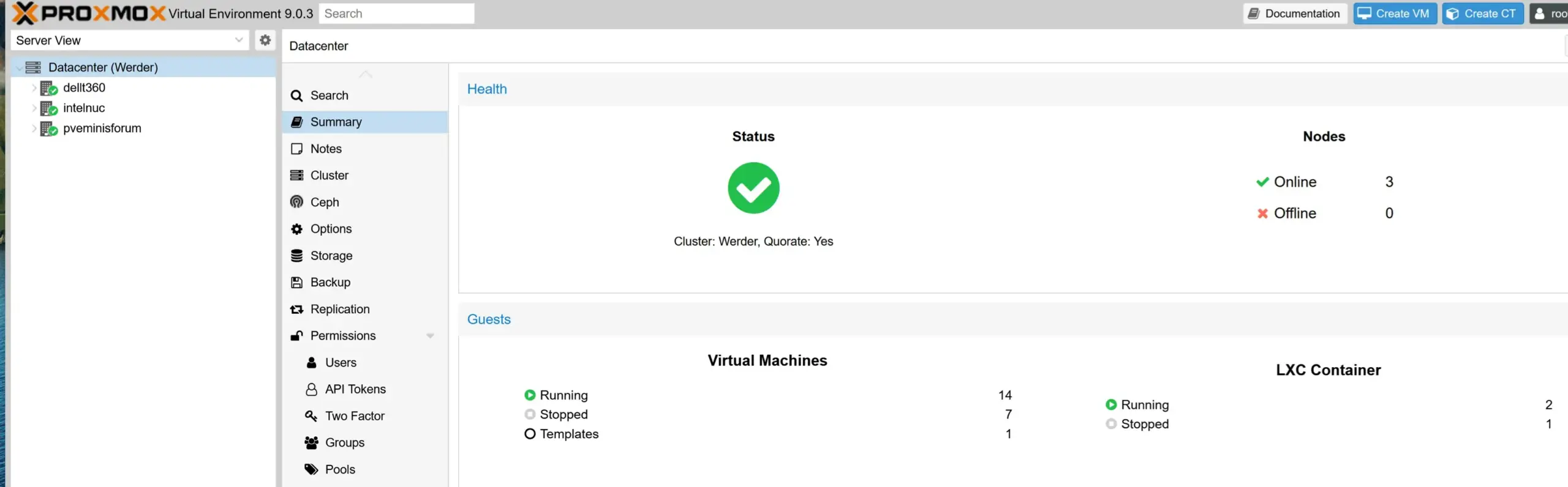 Proxmox VE web interface showing a running virtual machine on a homelab node