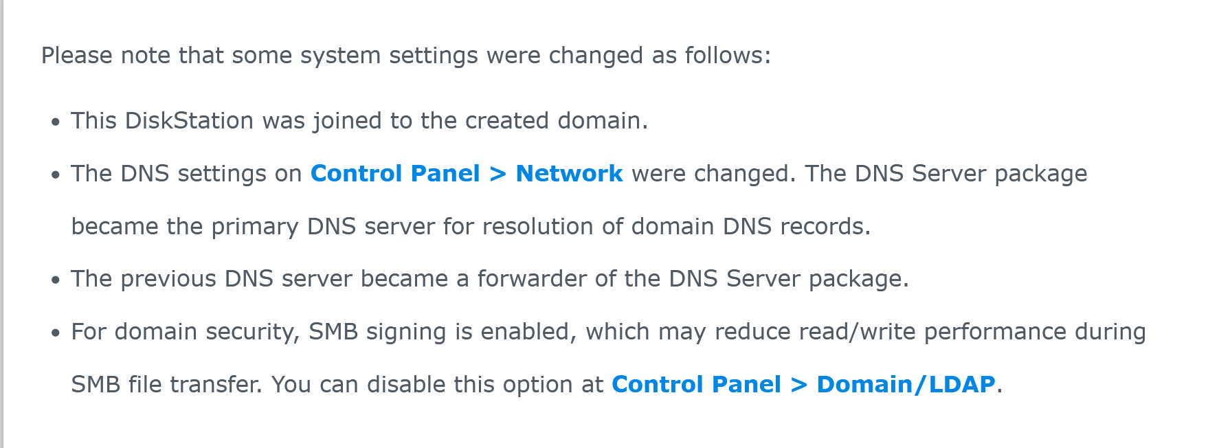 Synology Directory Server post-installation system changes summary