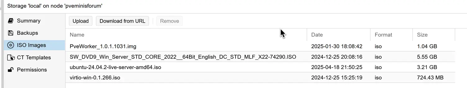 Proxmox Upload ISO: Step-by-Step Guide (GUI + CLI) 4 Proxmox ISO images shown in the GUI