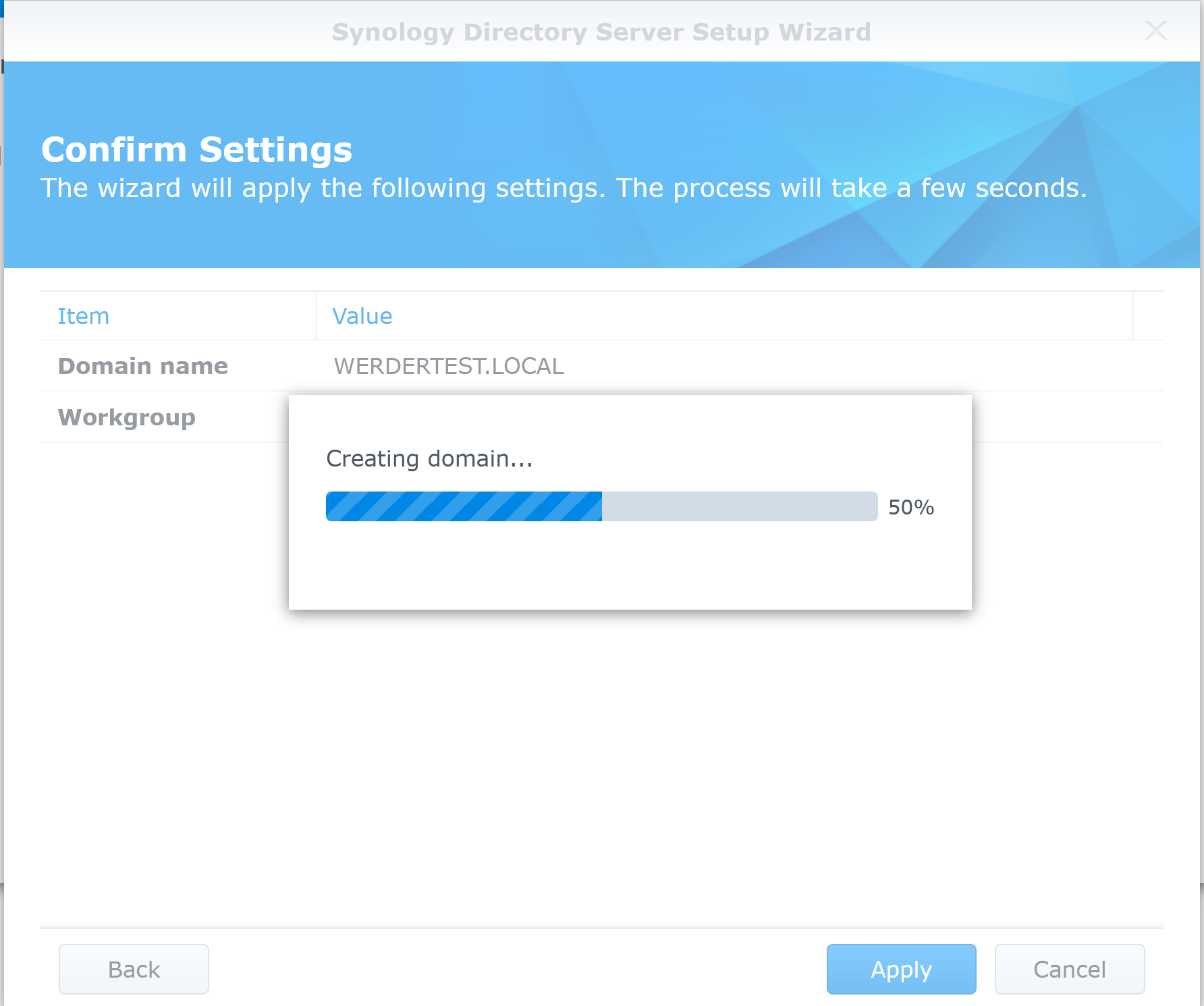 Synology Directory Server creating domain progress bar