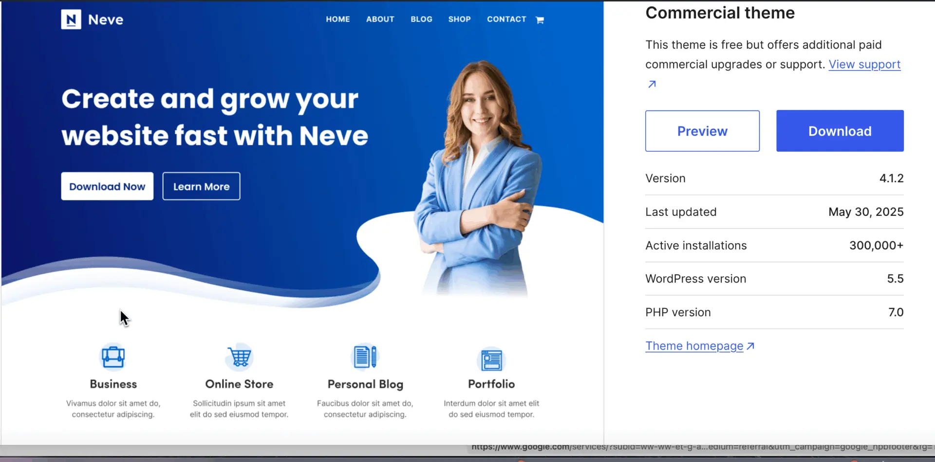 Best Elementor Theme in 2025: Choose the Right One for Your Website Goals 10 Neve WordPress theme preview featuring a business-oriented homepage with a professional woman, bold headline, and icons for business, online store, blog, and portfolio sites.