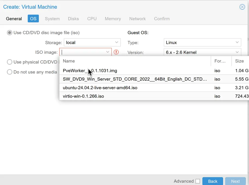 Proxmox Upload ISO: Step-by-Step Guide (GUI + CLI) 9 Proxmox create VM - OS tab to choose the image file