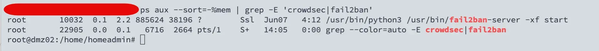 Terminal output showing Fail2ban process memory and CPU usage — 2.2% RAM and 0.1% CPU at idle