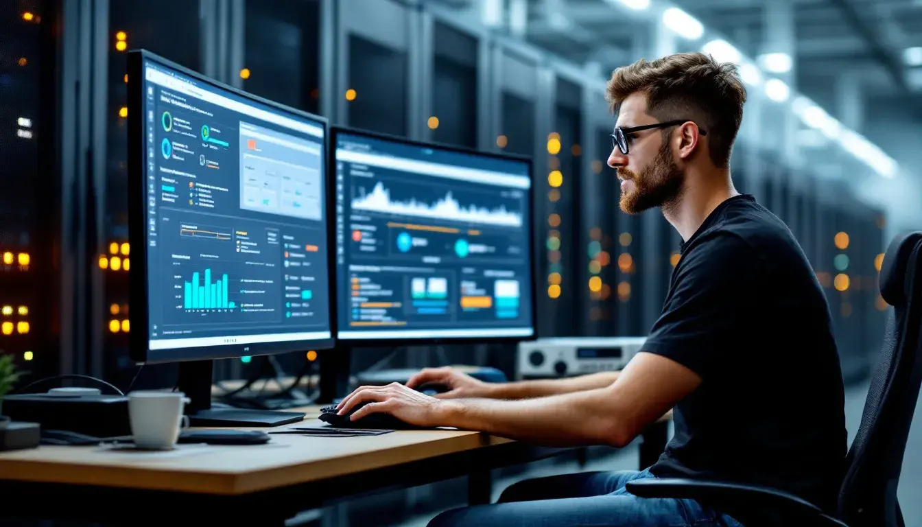 Proxmox Snapshots: Complete Guide for Virtual Machines and Containers 2 A server administrator is focused on managing a virtualization interface across multiple monitors, utilizing Proxmox VE to oversee virtual machines, configuration files, and data backups. The web interface displays various settings and options for creating and restoring snapshots, ensuring optimal system security and performance.