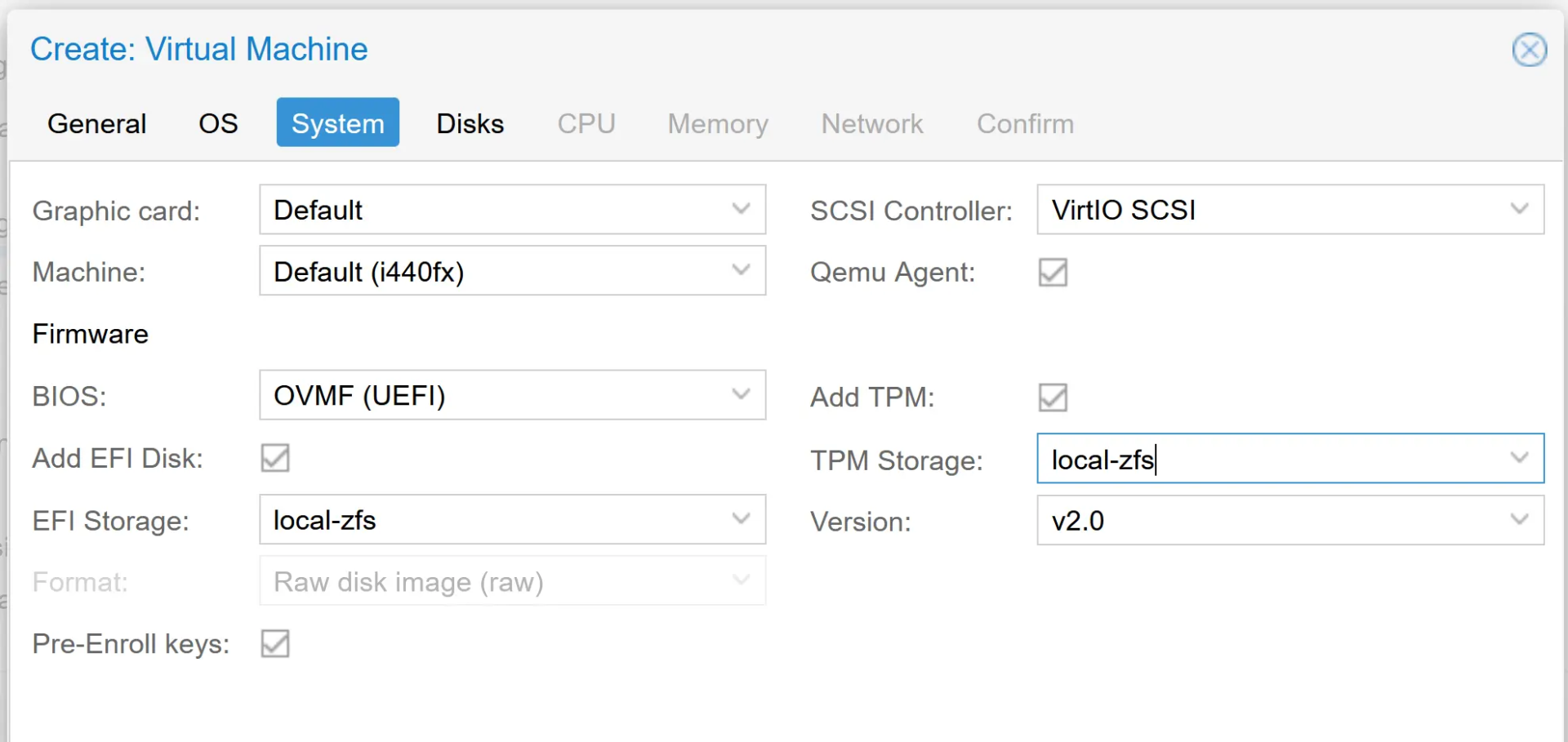 Proxmox create virtual machine system tab