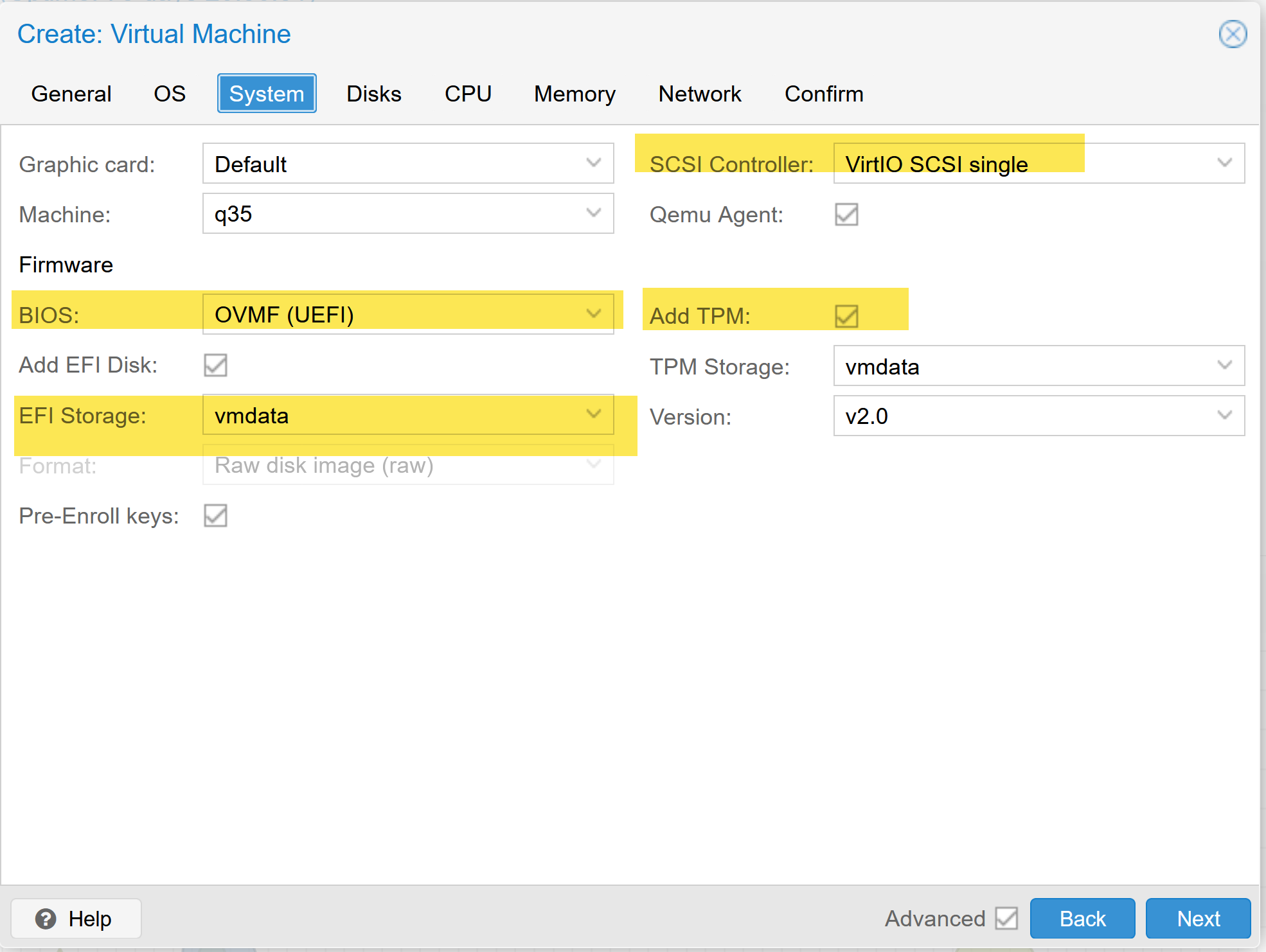 Proxmox VM system settings for Windows Server with OVMF and VirtIO SCSI single
