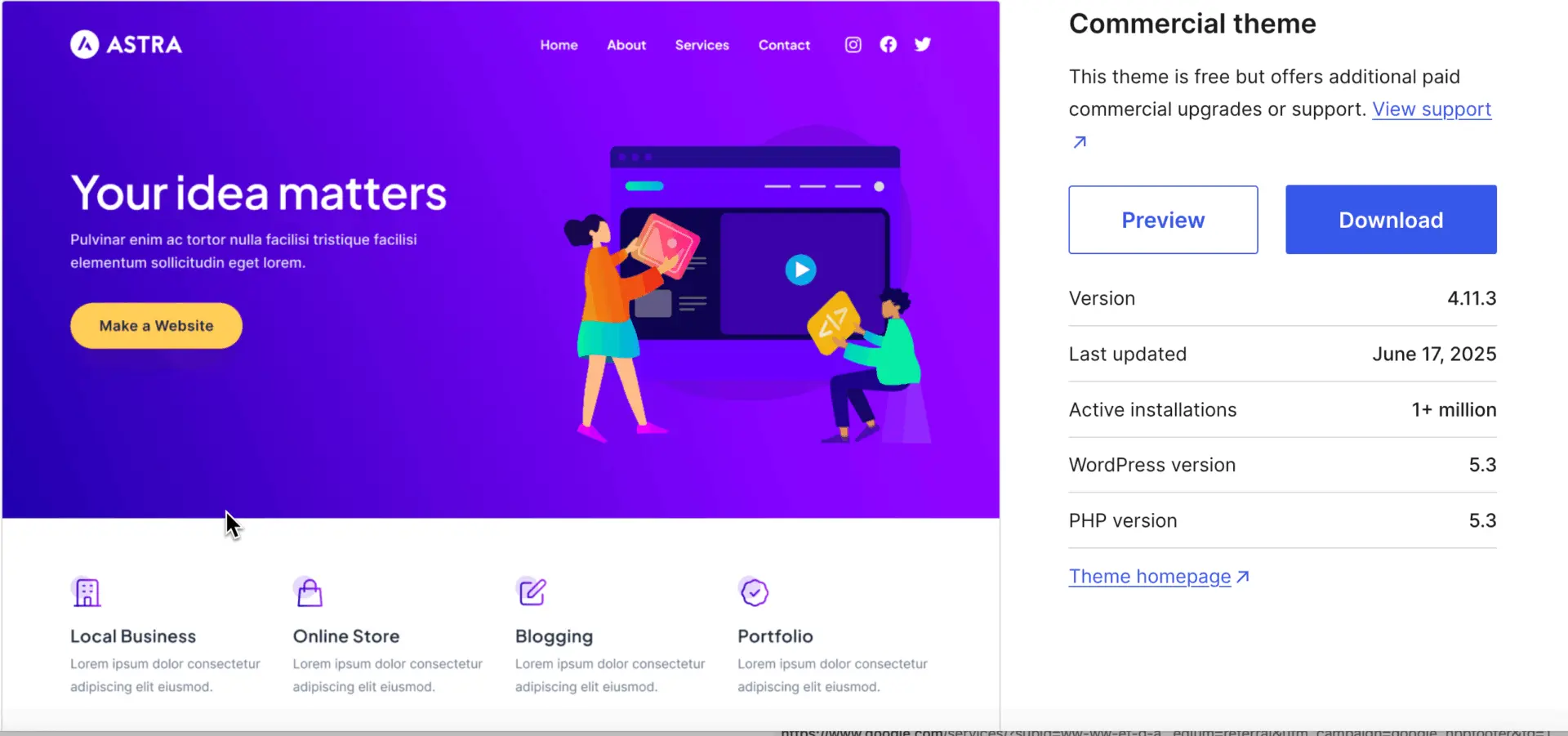 Best Elementor Theme in 2025: Choose the Right One for Your Website Goals 6 Astra theme preview from the WordPress repository showcasing a vibrant homepage design with sections for local business, online store, blogging, and portfolio use.