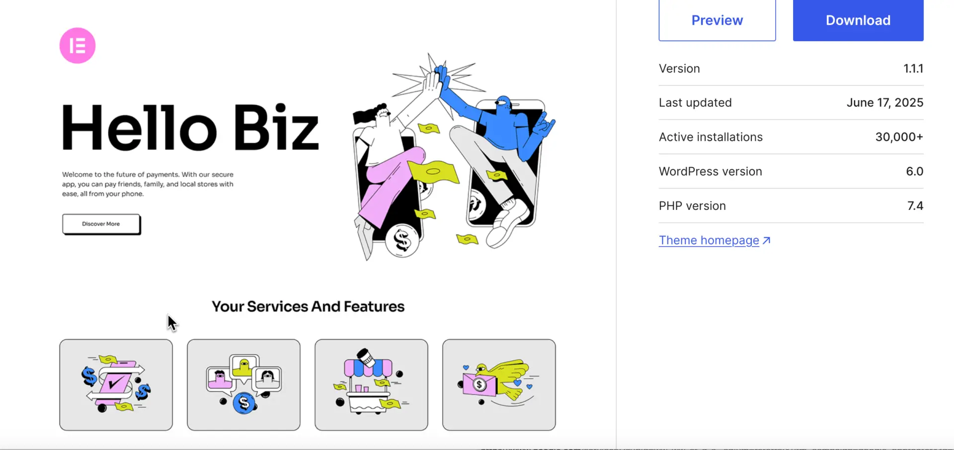 Best Elementor Theme in 2025: Choose the Right One for Your Website Goals 3 Hello Biz theme preview from the WordPress repository showing a structured homepage with custom widgets and service feature blocks