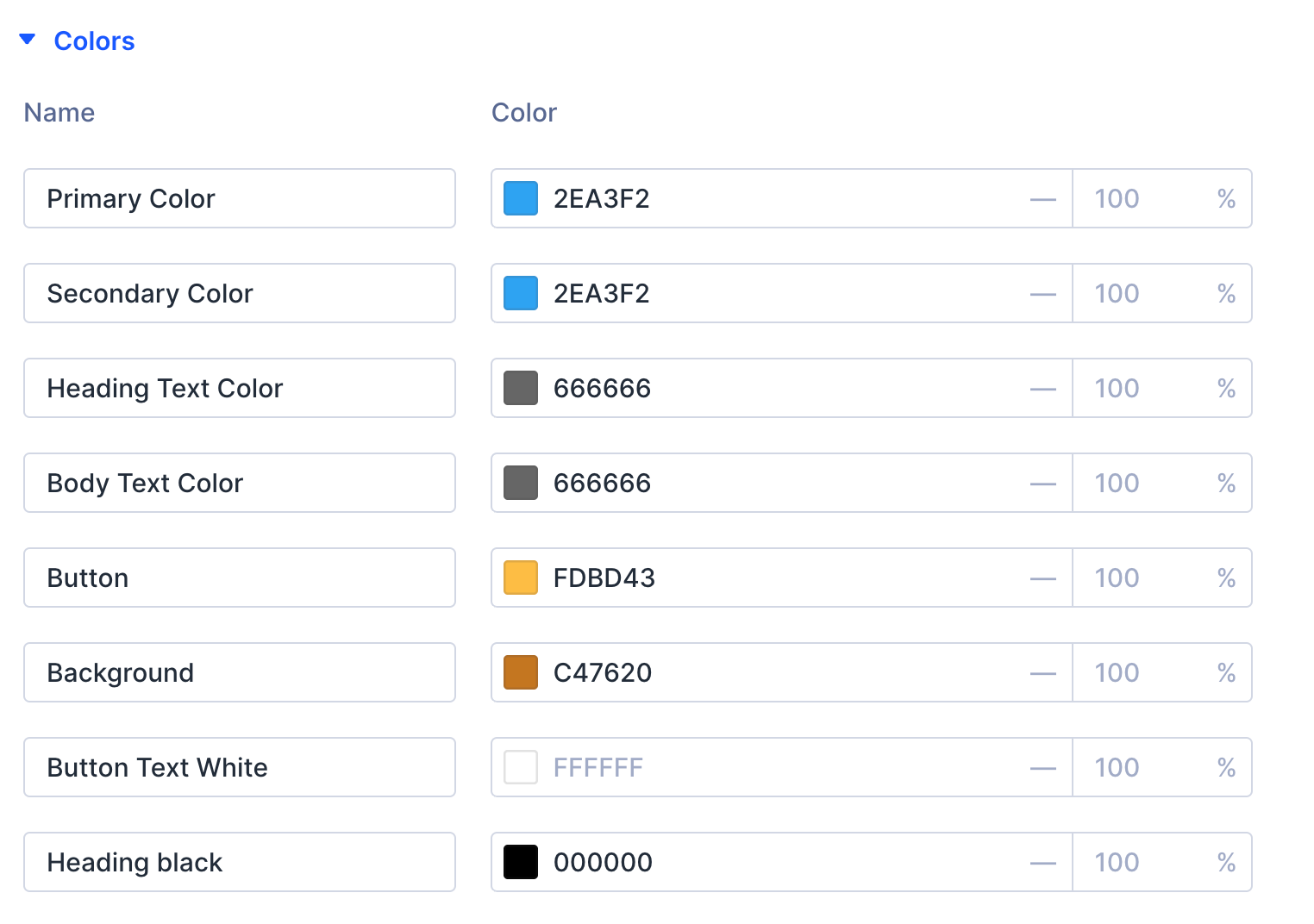 Divi 5 Variable Manager showing color variables with locked default names and custom named colors