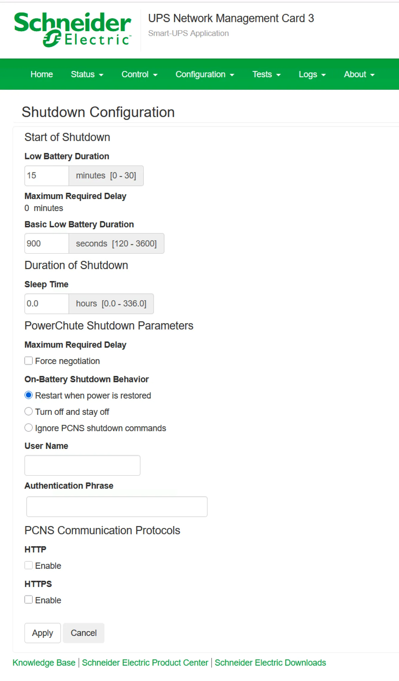 APC Network Management Card low-battery threshold for NUT shutdown