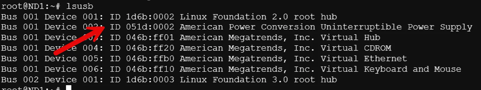 APC UPS detected by the lsusb command on a Proxmox server