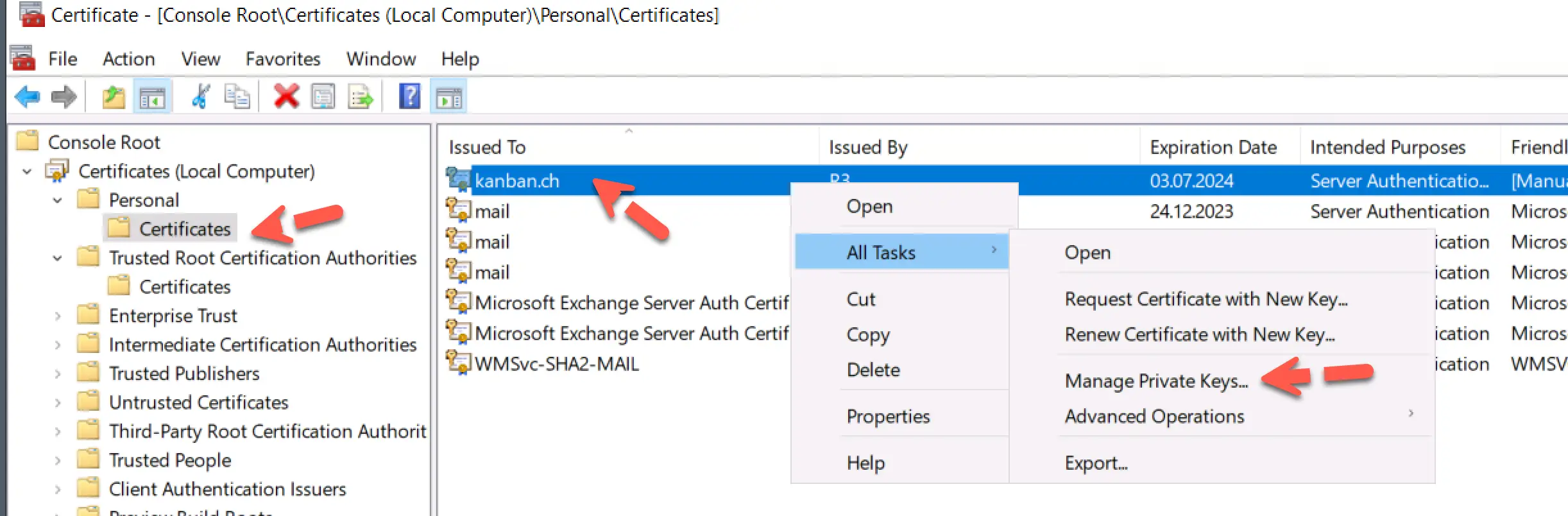 Exchange setup fails with a certificate error 4 Certifice management store private keys