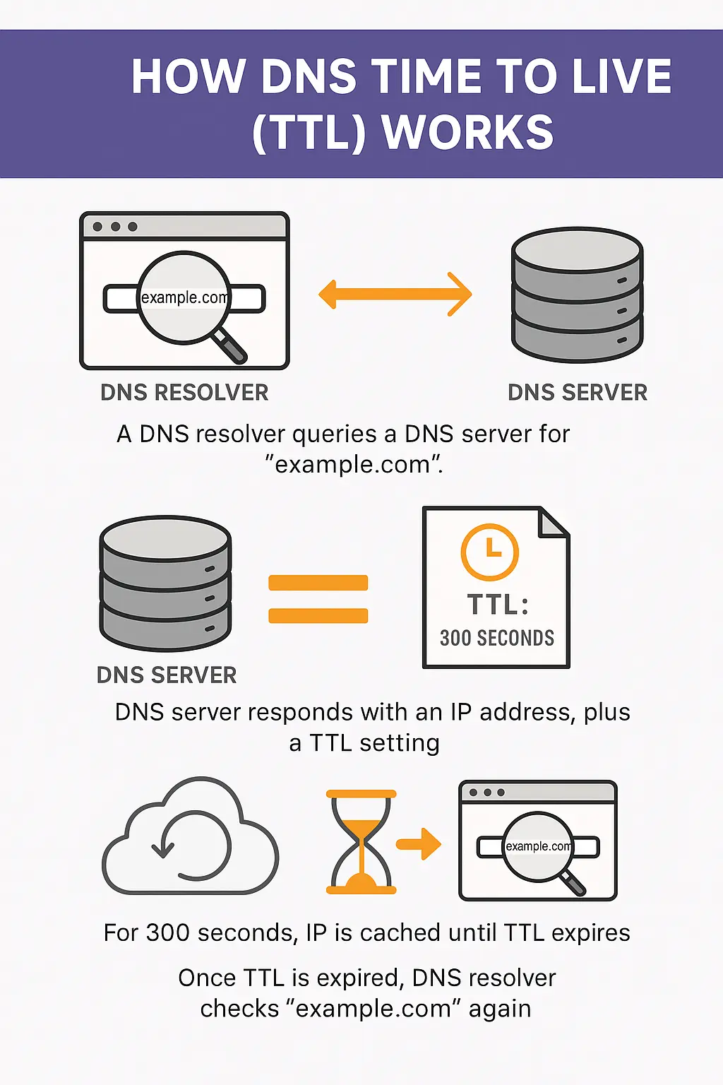 DNS Time to Live – What It Is and Why It Matters When Moving a WordPress Site 3 Infographic showing how DNS Time to Live (TTL) works: a DNS resolver queries a DNS server, receives an IP address with a TTL setting, caches it temporarily, and rechecks after the TTL expires