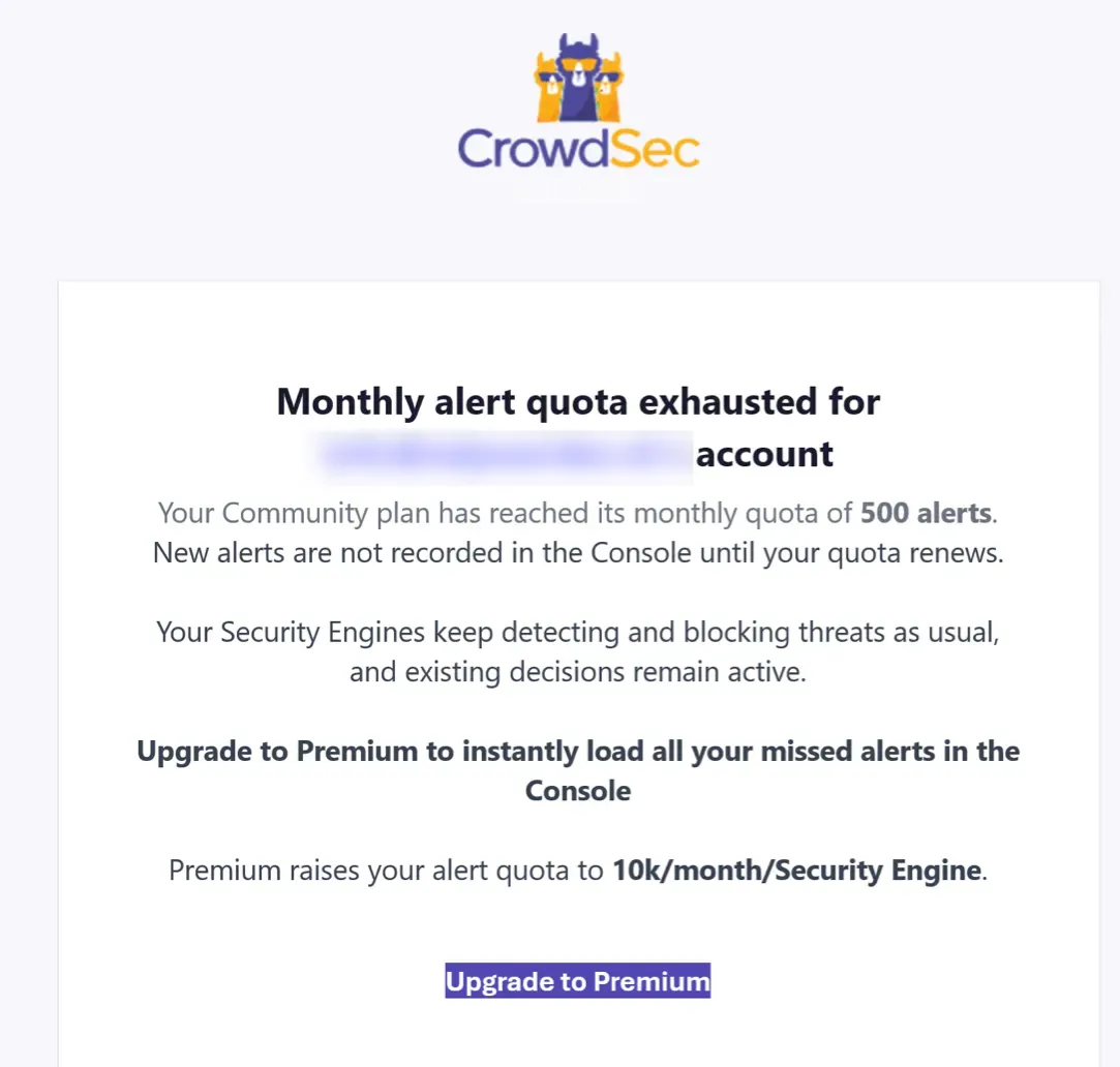 CrowdSec email notification showing monthly alert quota of 500 alerts exhausted on the Community plan
