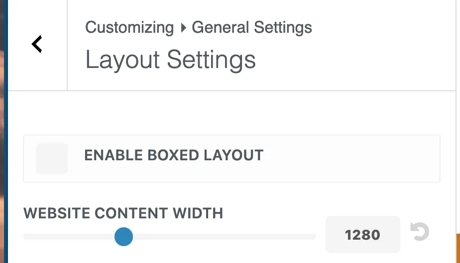 Divi 5 Theme Customizer Layout Settings showing the default content width set to 1280px