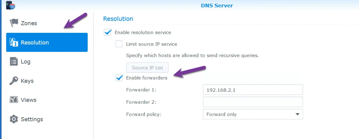 Synology DNS Server Resolution tab with Enable forwarders checked