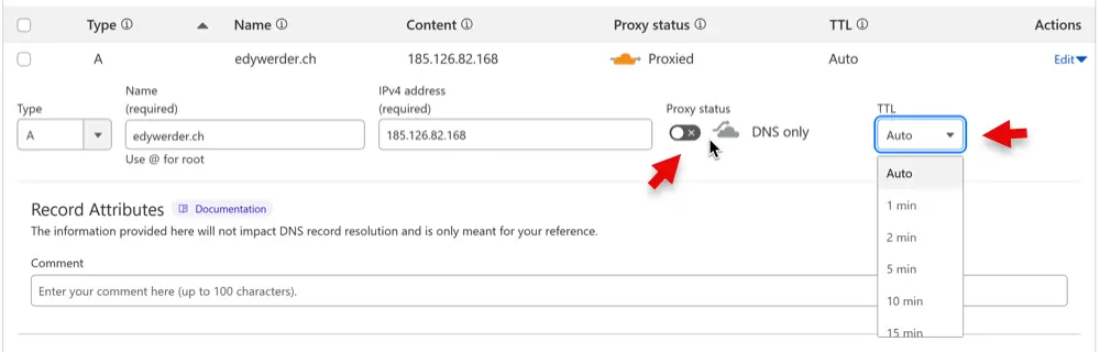 DNS Time to Live – What It Is and Why It Matters When Moving a WordPress Site 5 Cloudflare DNS settings showing TTL dropdown and proxy toggle for A record of edywerder.ch. TTL is set to Auto while proxied.