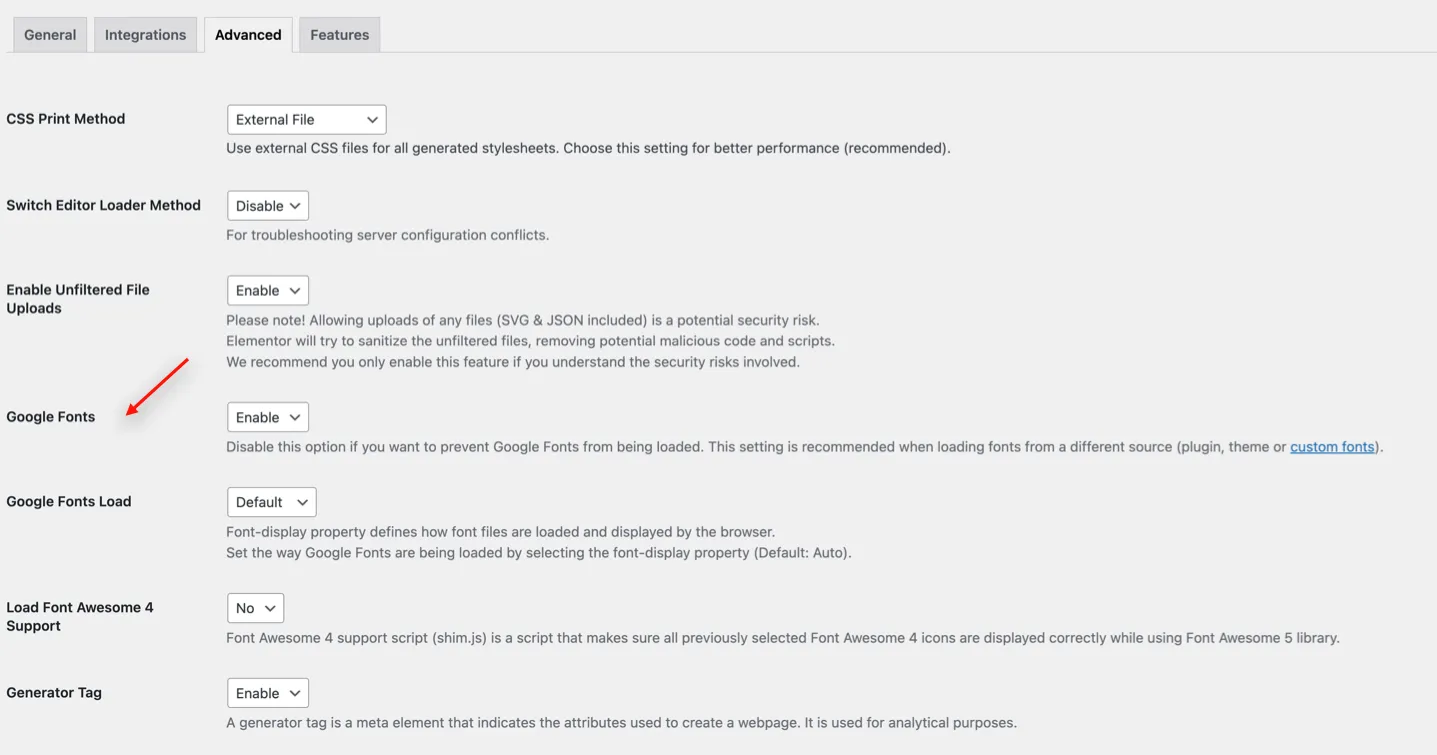 Elementor Disable Google Fonts