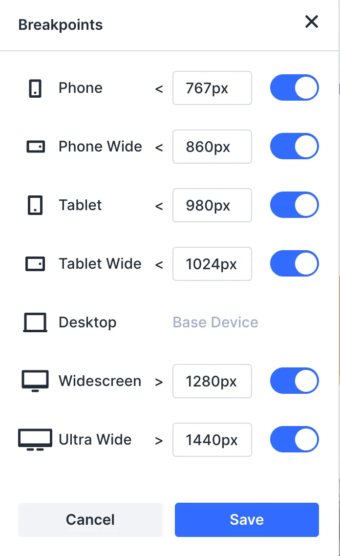 Divi 5 Sitewide Responsive Breakpoints modal showing all seven breakpoints enabled with Phone, Phone Wide, Tablet, Tablet Wide, Desktop, Widescreen, and Ultra Wide