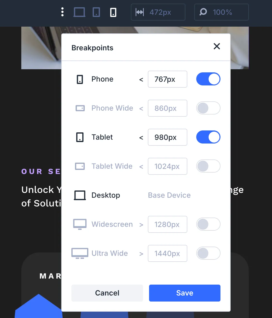 Divi 5 responsive editor with custom breakpoints