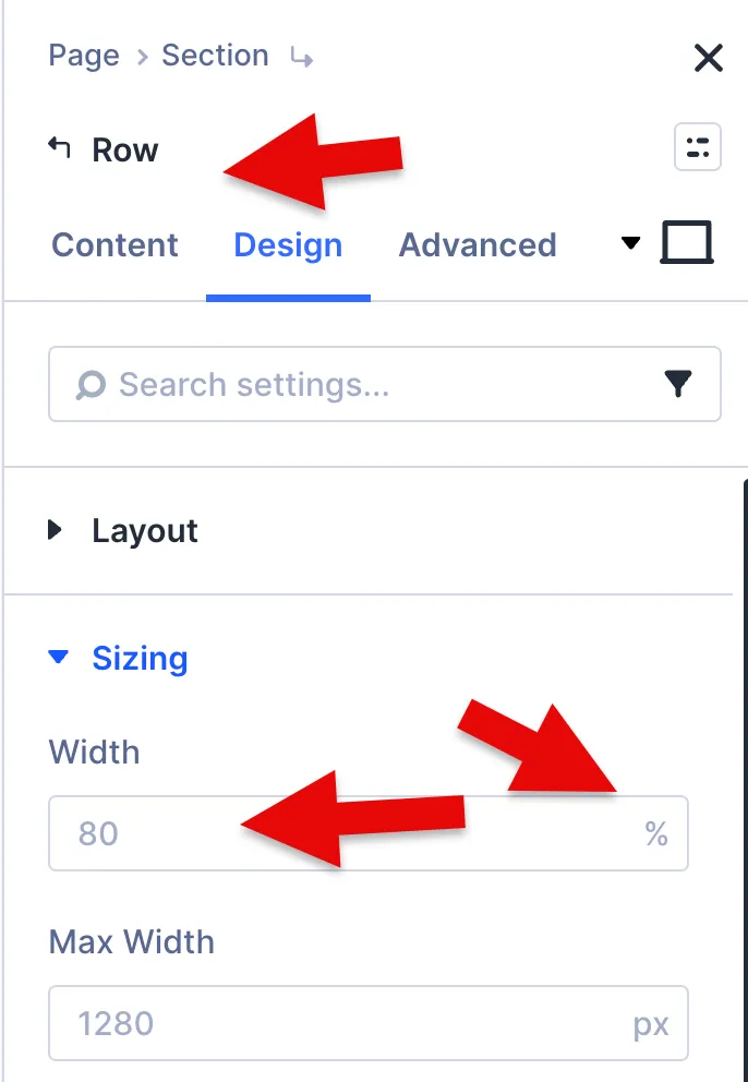 Divi 5 Row Settings under Design tab showing Sizing with Width set to 80% and Max Width set to 1280px