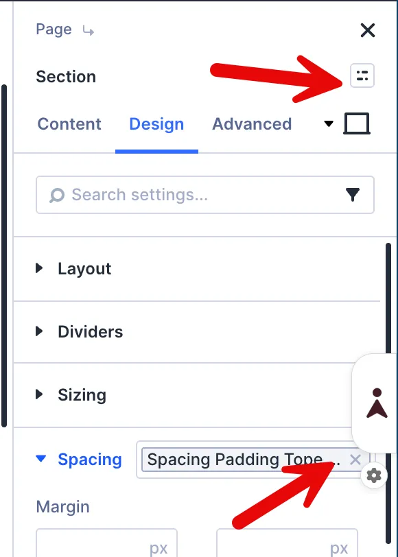 Divi 5 Spacing option group with preset icon highlighted in the Section module Design tab