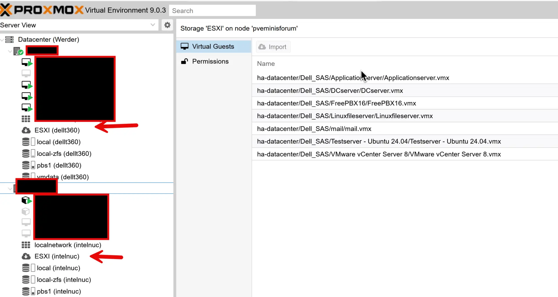 Vmware to Proxmox: Ultimate Import Wizard for converting a virtual machine 6 ESXi repository showing on each Proxmox node
