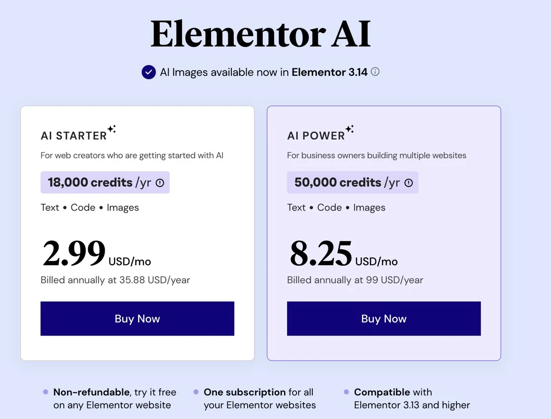 Elementor AI pricing