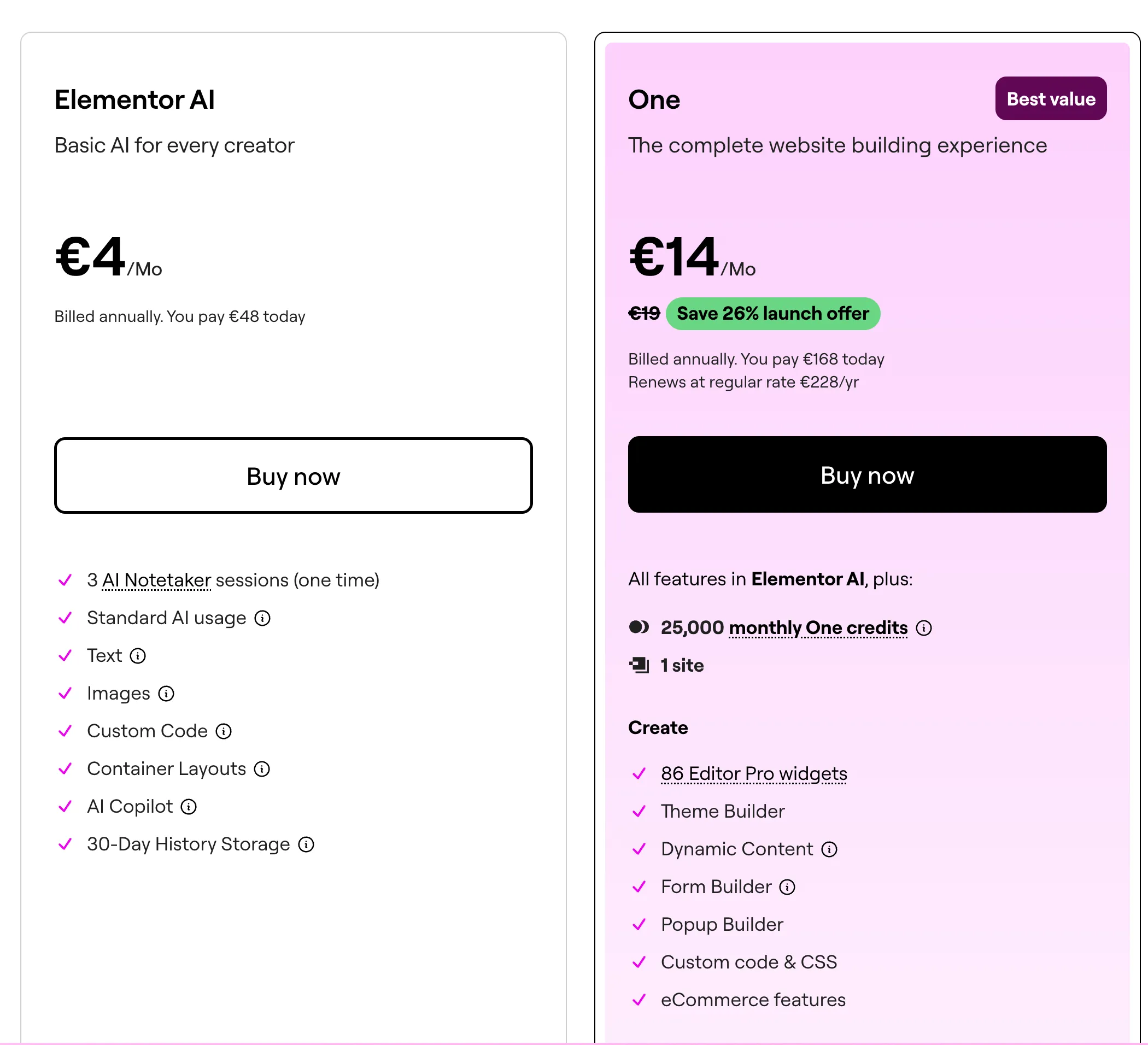 Elementor AI pricing