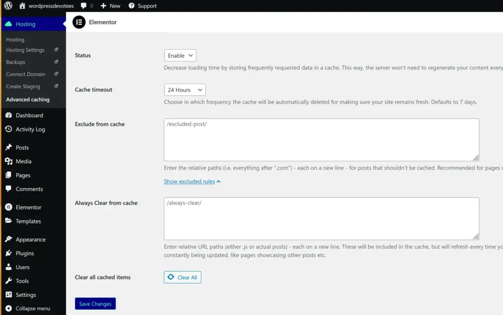 Elementor Hosting Advance caching