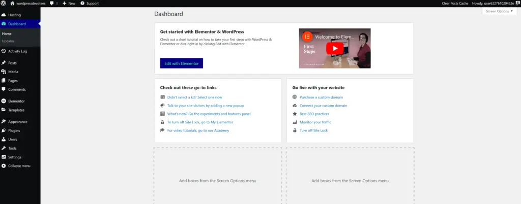 The WordPress dashboard on Elementor Hosting with the Get started panel and the Hosting menu in the sidebar