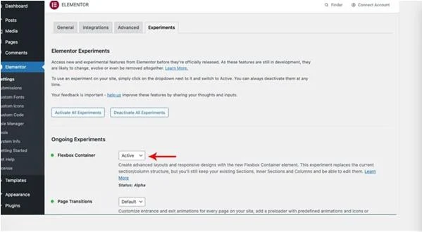 The Elementor Experiments settings tab with the Flexbox Container experiment set to Active